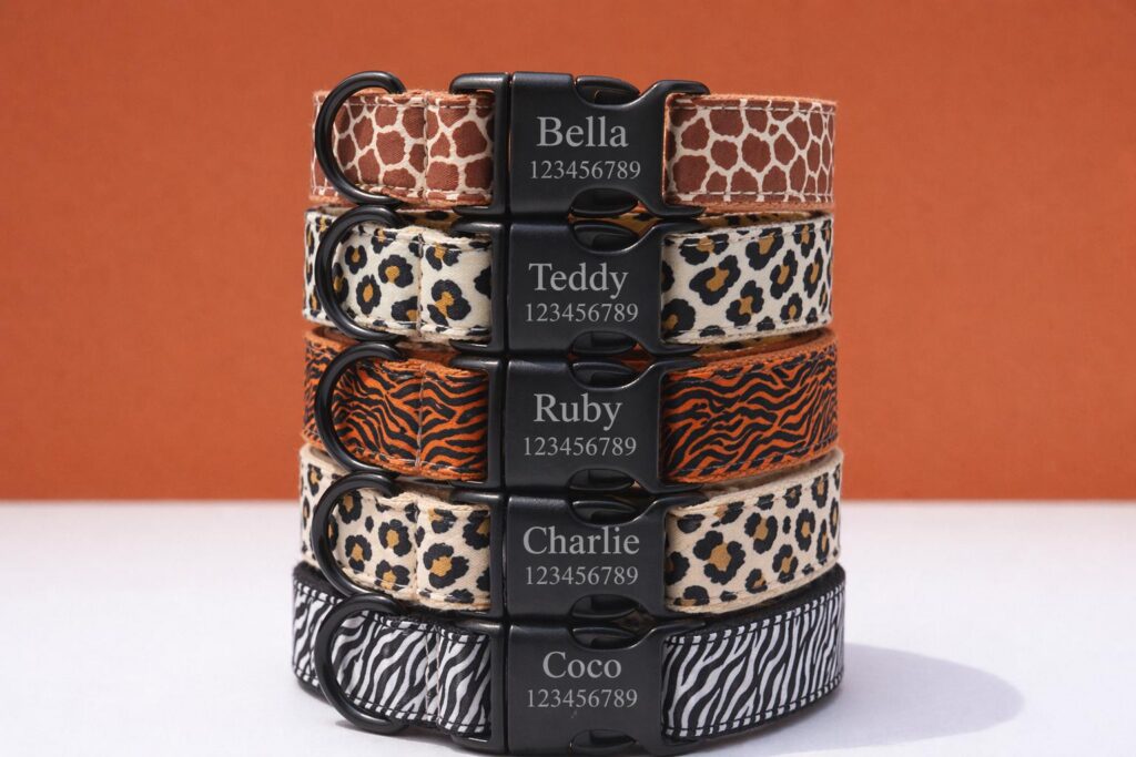 Animal Print Adjustable Dog Collar and Leash Set, Sizes XS-XL