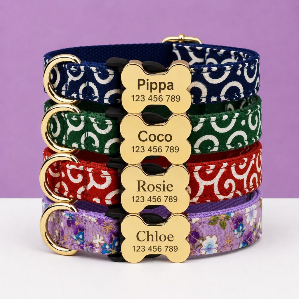 Textured Fabric Adjustable Dog Collar with Gold-Tone Hardware, Sizes XS-XL