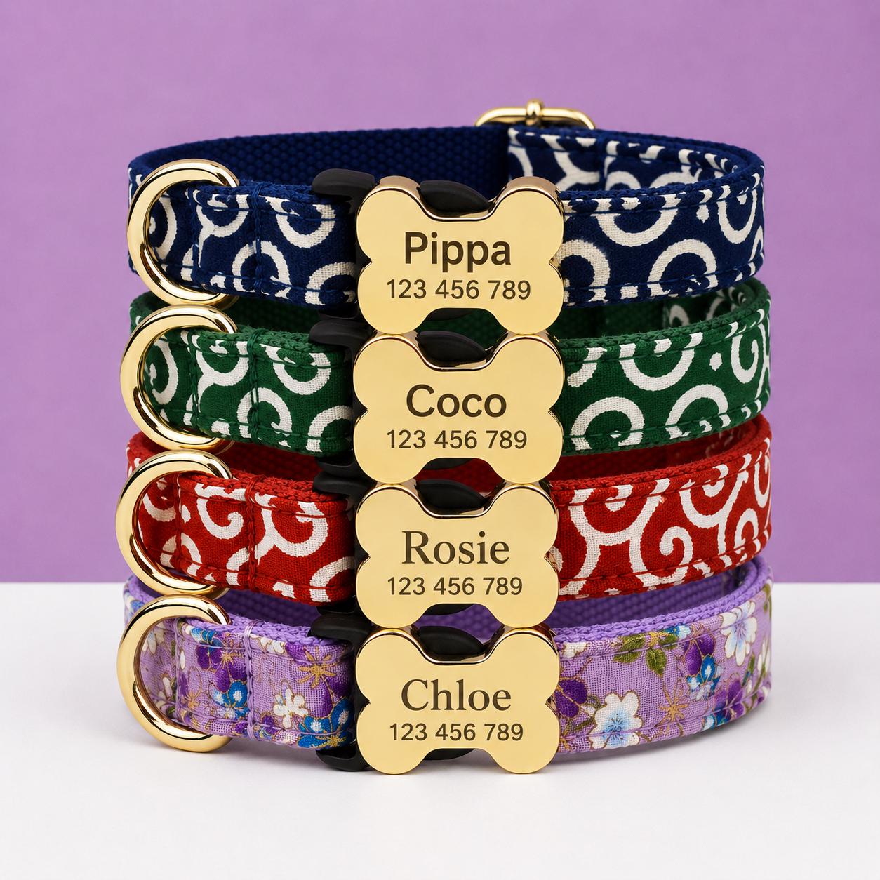 Textured Fabric Adjustable Dog Collar with Gold-Tone Hardware, Sizes XS-XL