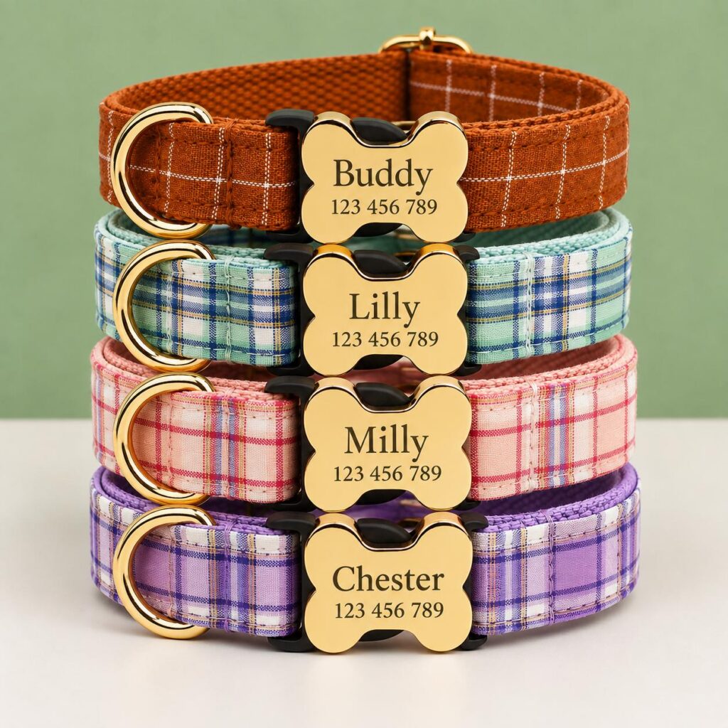 Plaid and Tartan Adjustable Dog Collar with Gold-Tone Hardware, Sizes XS-XL