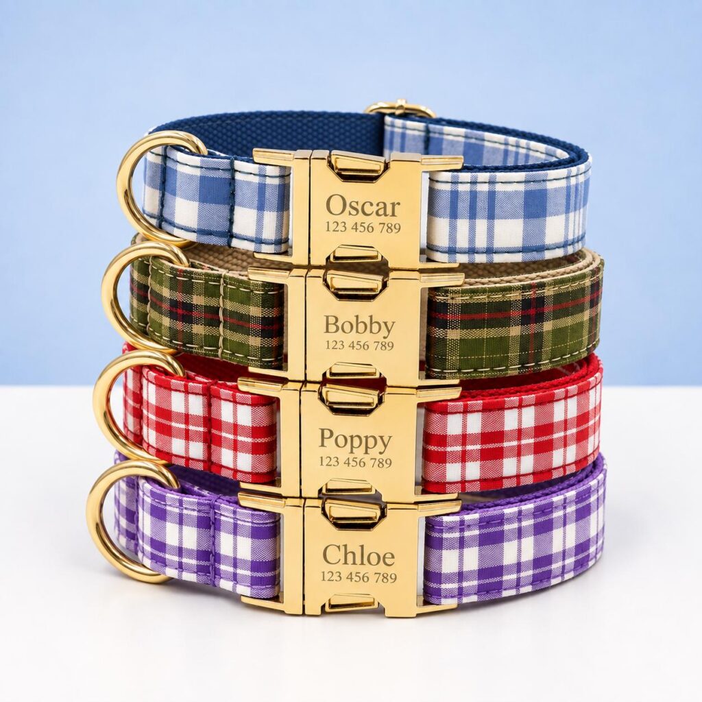 British Tartan Check Adjustable Dog Collar, Sizes XS-XL